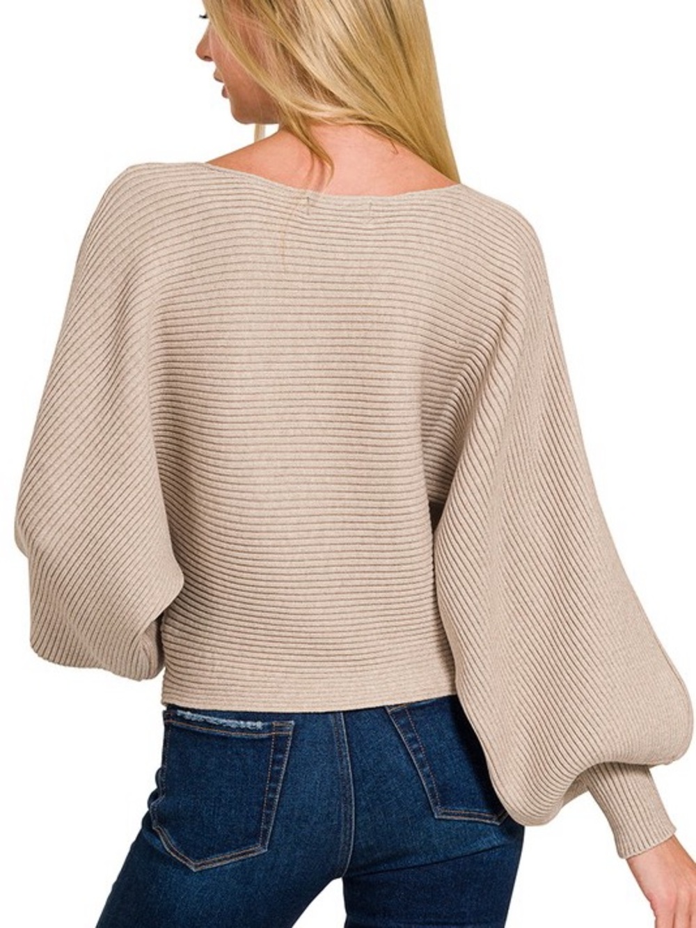 Heather Mocha Ribbed Boat Neck Balloon-Sleeve Sweater - Picture 4 of 5